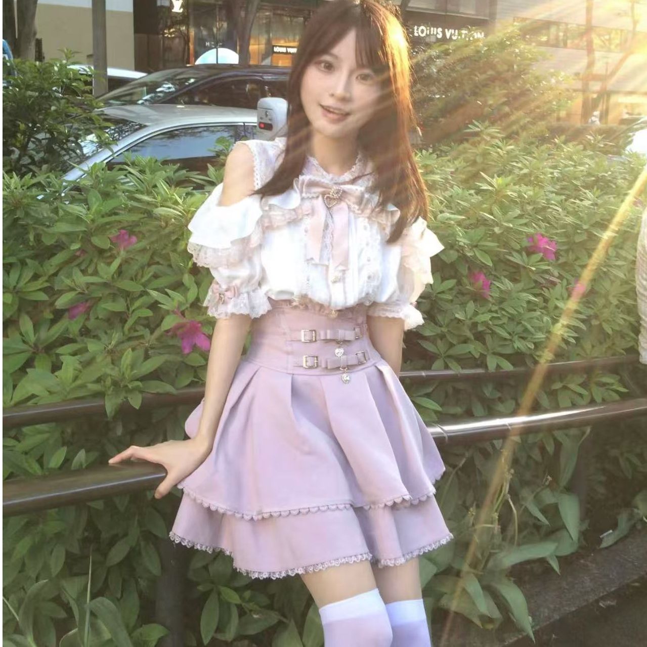 Japanese mine-type women's mass-produced sweet slim lace off-shoulder shirt with double bows and high waist skirt pants