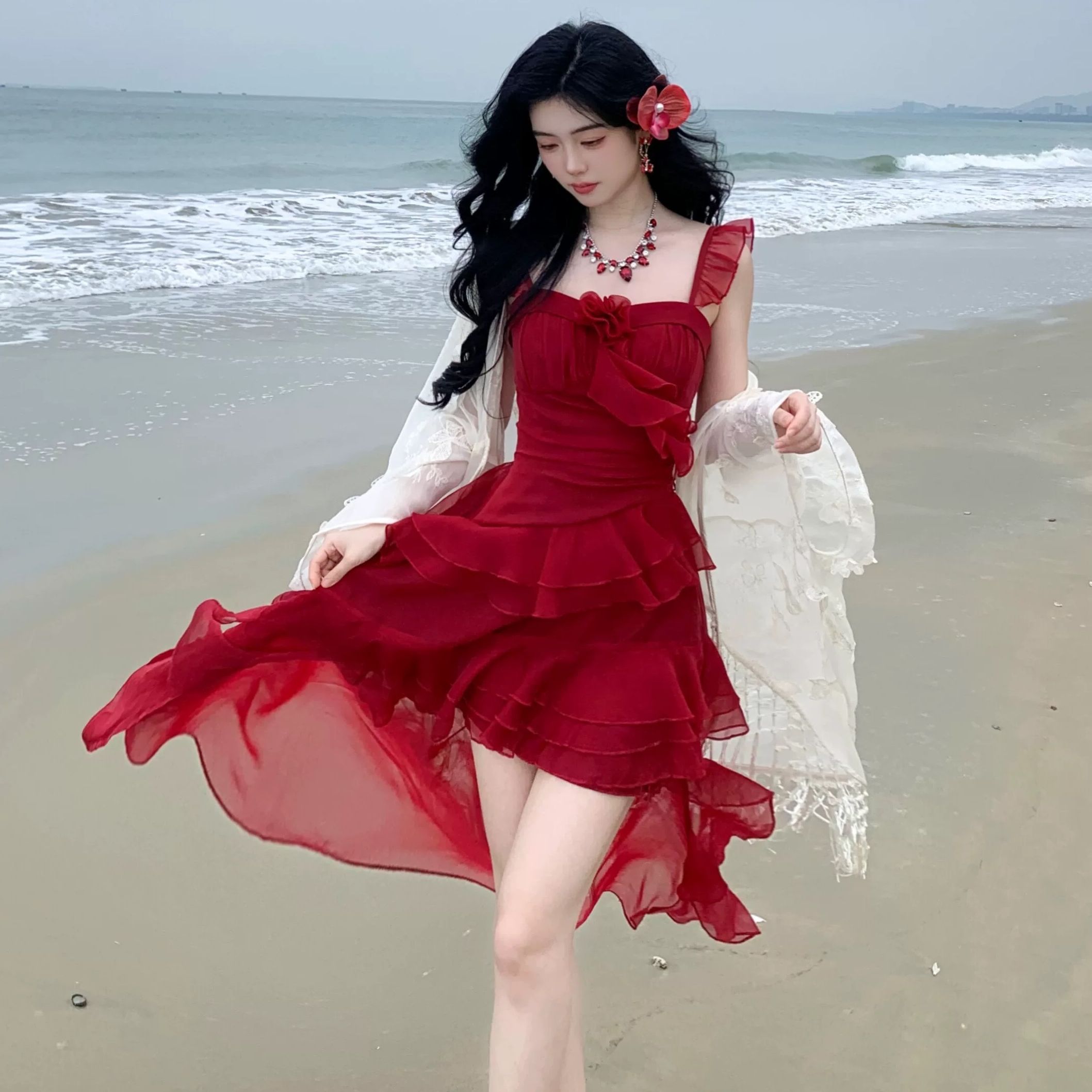 絕美景致女孩旅遊度假裙子2025夏季新款重工荷葉邊顯瘦不規則裙子