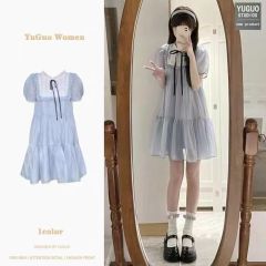 連衣裙女夏2025新款法式小個子甜美溫柔風仙女泡泡袖藍色公主裙子