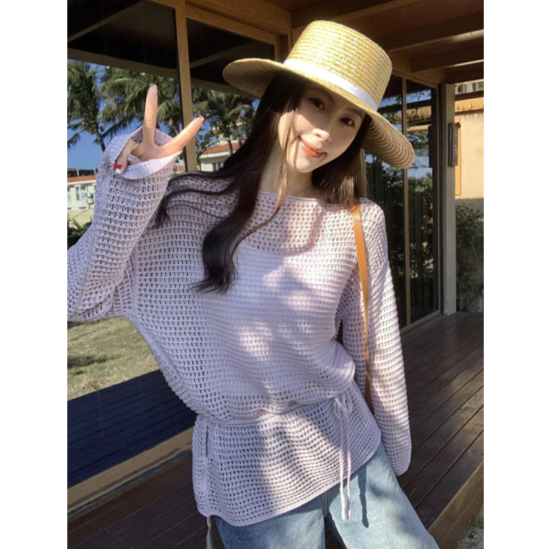 One-shoulder hollow long-sleeved sweater for women's design niche early spring loose sunscreen blouse lazy top