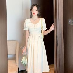 原版面料+里布2025新款夏季方領泡泡袖褶皺收腰仙女連衣裙女