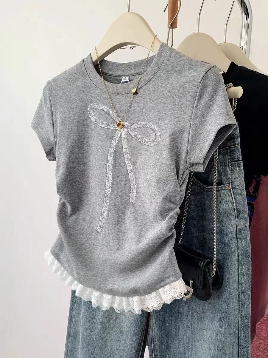 Pure cotton lace lace hem spliced ​​slim short-sleeved T-shirt round neck versatile slim top