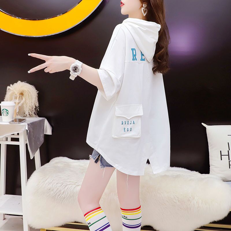 3008# quality/closely fixed-spin pure cotton/hooded large size pocket heavy industry short-sleeved T-shirt for women