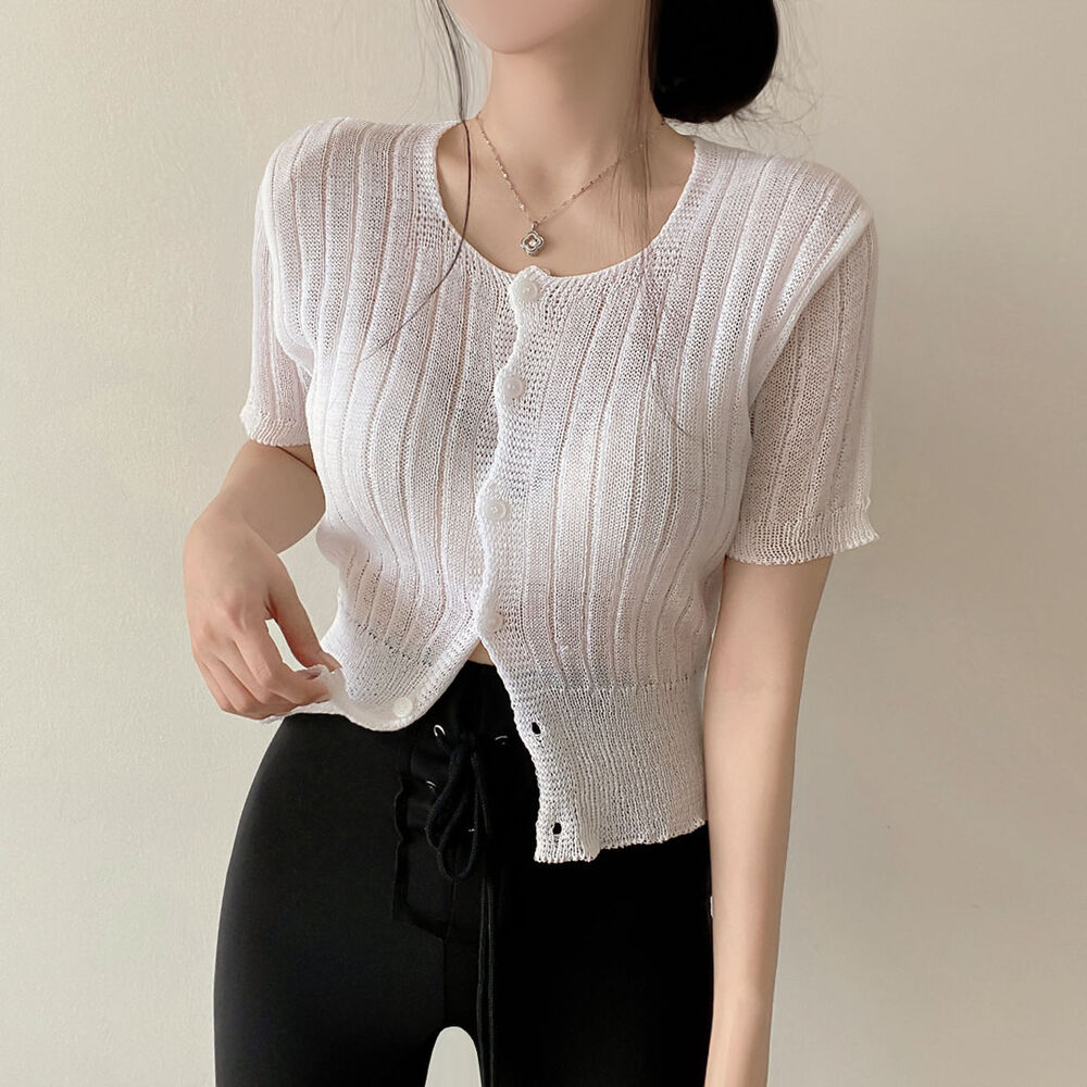 Real shot of large-size summer Korean sweater ribbed pit knitted cardigan thin cool short-sleeved short sweater jacket