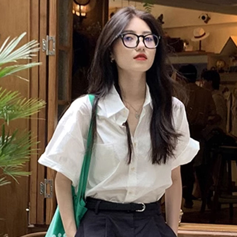 夏季白色短袖法式襯衫女新款設計感寬鬆別致百搭襯衣上衣