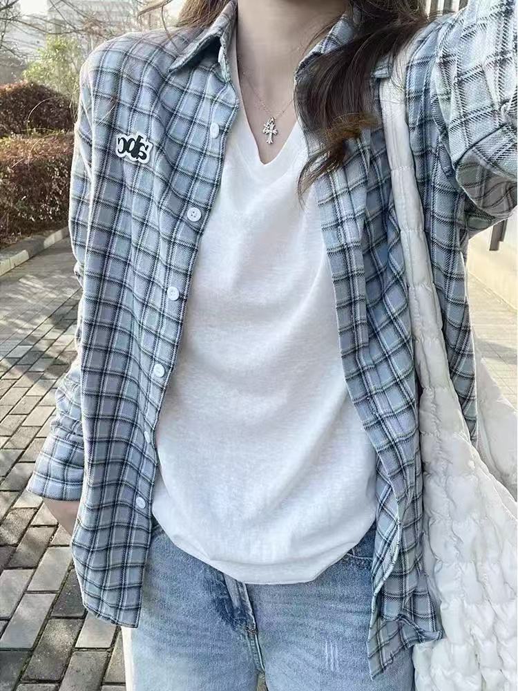 海鹽特調 格子韓系襯衫女秋季新款寬鬆長袖襯衣設計感上衣