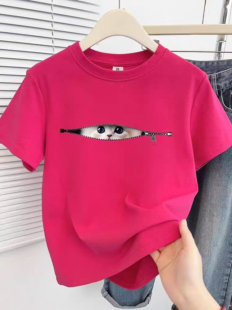 Printed front shoulder short-sleeved T-shirt for women in summer new niche American pure cotton slim T-shirt top