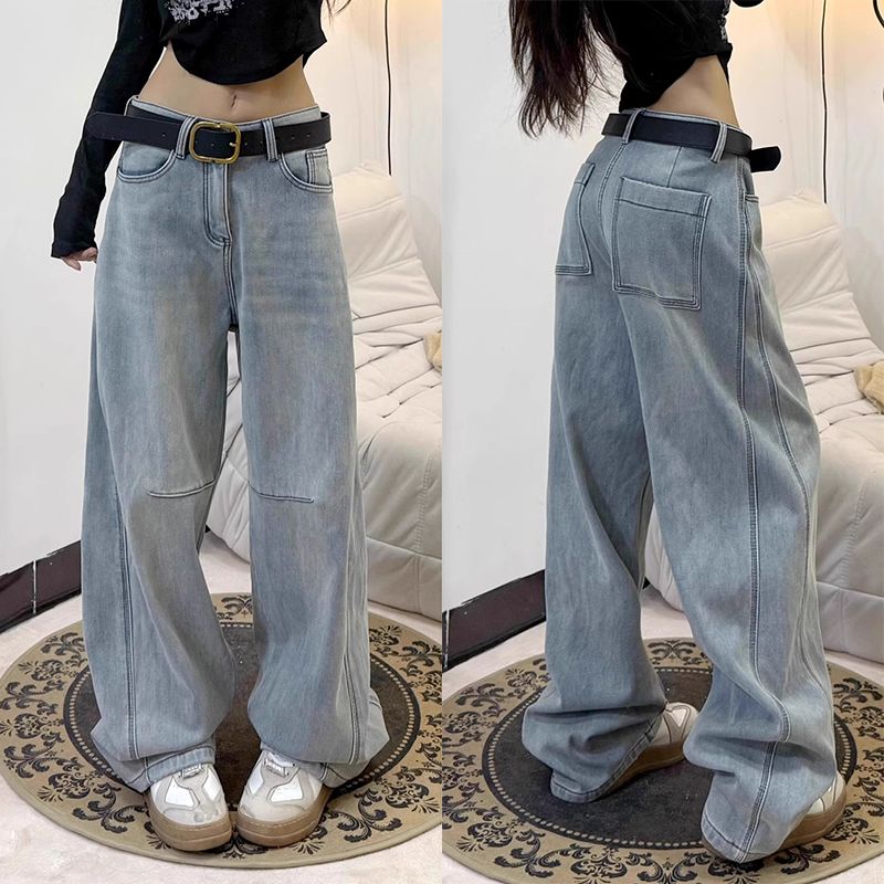 Retro loose design scimitar straight jeans for women's spring and autumn new high waist covering hips to make them look thin and drooping wide-leg pants