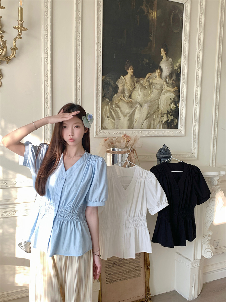 Large size French short-sleeved shirt for women in summer high-end shirt for fat MM to cover flesh and slim waist top