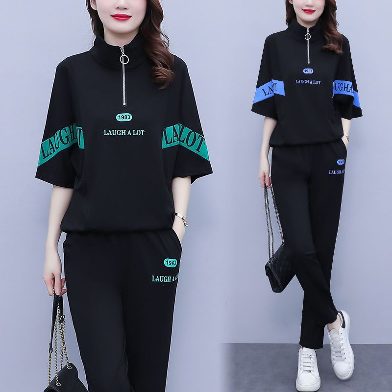 Large size fashion casual sports suit for women 2025 summer new printed short-sleeved loose two-piece set