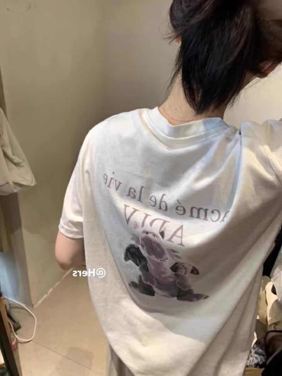 200g combed and tight spun in 2025, pure cotton back bag strip, spring and summer loose shoulder printed short-sleeved T-shirt