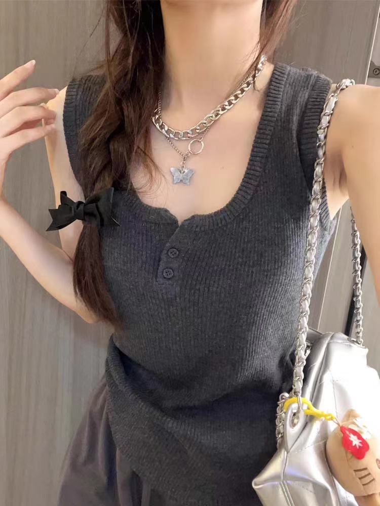 灰色針織吊帶背心女內搭新款夏季夏無袖打底上衣服6羊毛