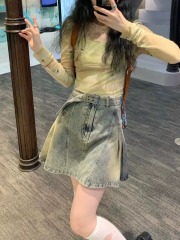 美式壓褶牛仔短裙女夏季新款胖妹妹復古設計感小眾高腰半身裙