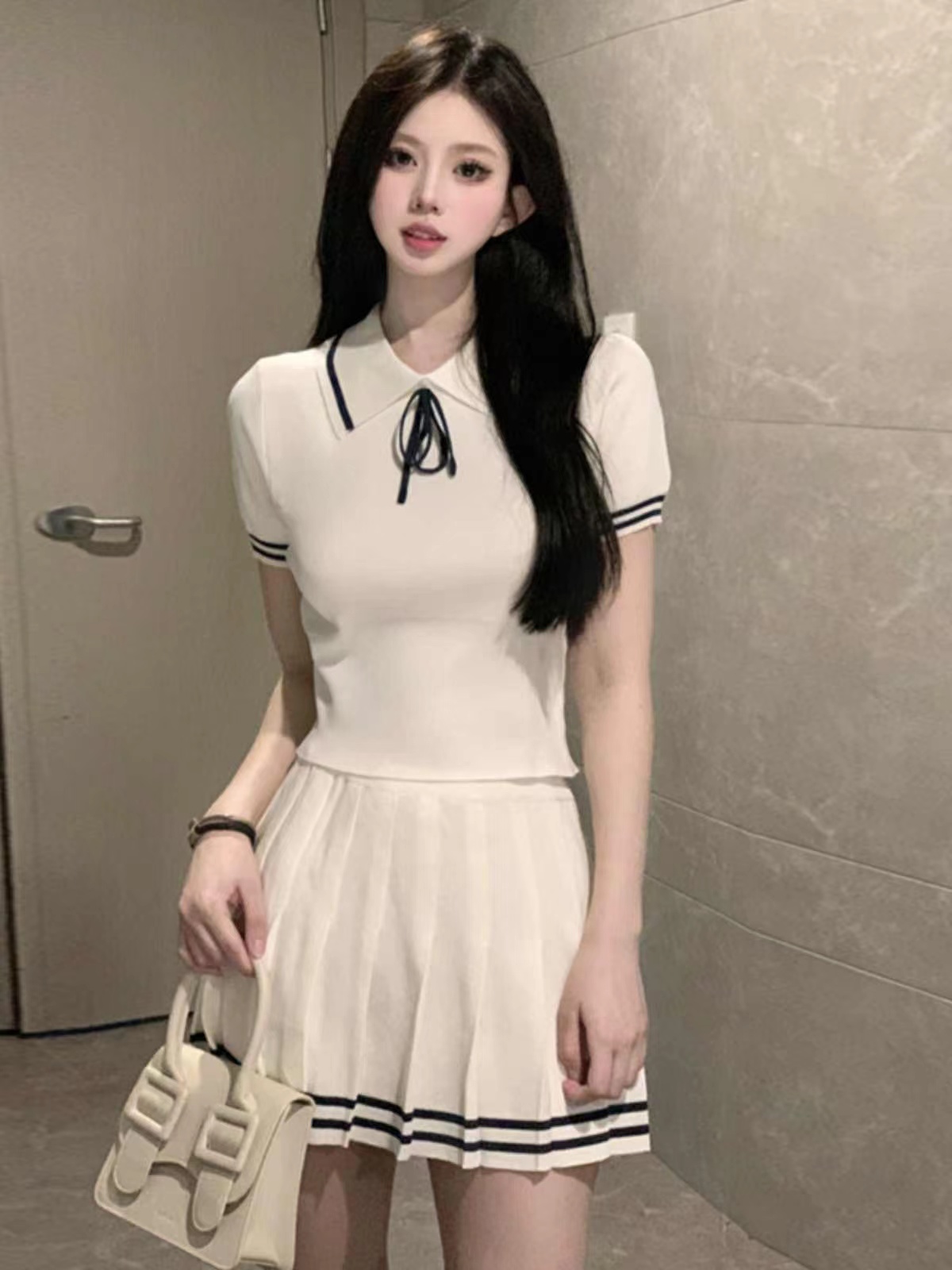 學院風小眾不撞款套裝純欲休閒polo領上衣百褶半身裙子兩件套夏季