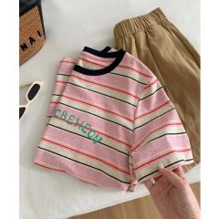Colorful striped embroidered short-sleeved T-shirt women's top