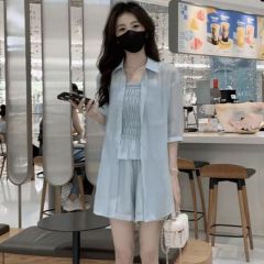 New slim design small person fashionable sunscreen shirt + suspenders + shorts set for women