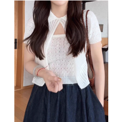 New summer simple sweet, soft and comfortable hollow cardigan + suspender knitted two-piece suit two-piece set