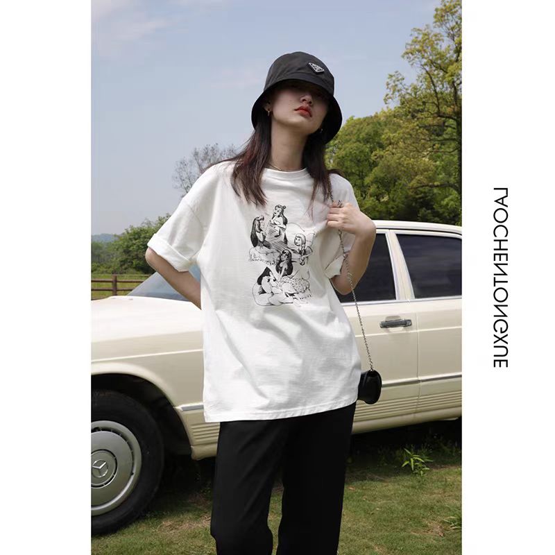 200g combed and tight spun in 2025, pure cotton back bag strip, spring and summer loose shoulder printed short-sleeved T-shirt