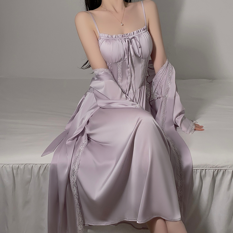 Real shot of 25 years of pajamas pure and lustful perspective lace plus breast pad deep V suspender nightgown outer gown home clothing set