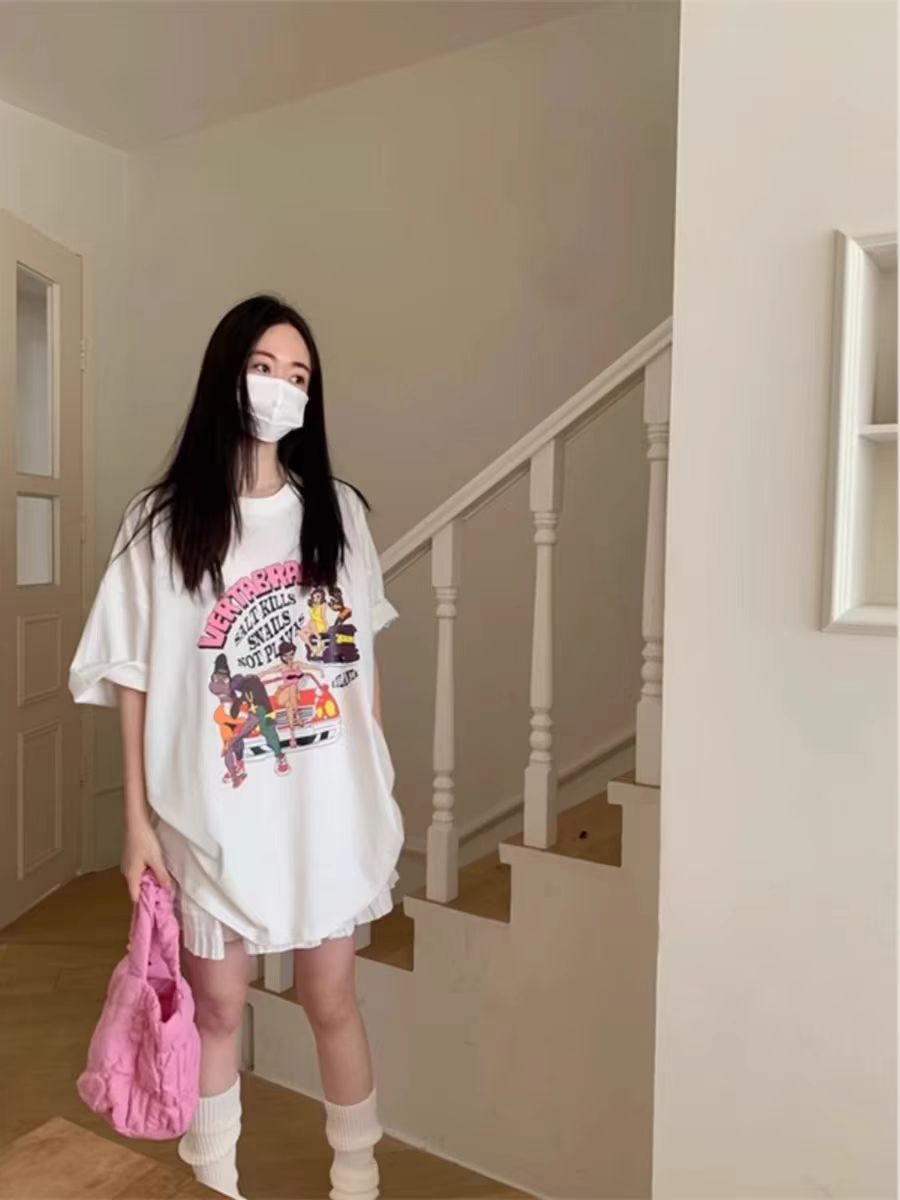 200g combed and tight spun in 2025, pure cotton back bag strip, spring and summer loose shoulder printed short-sleeved T-shirt