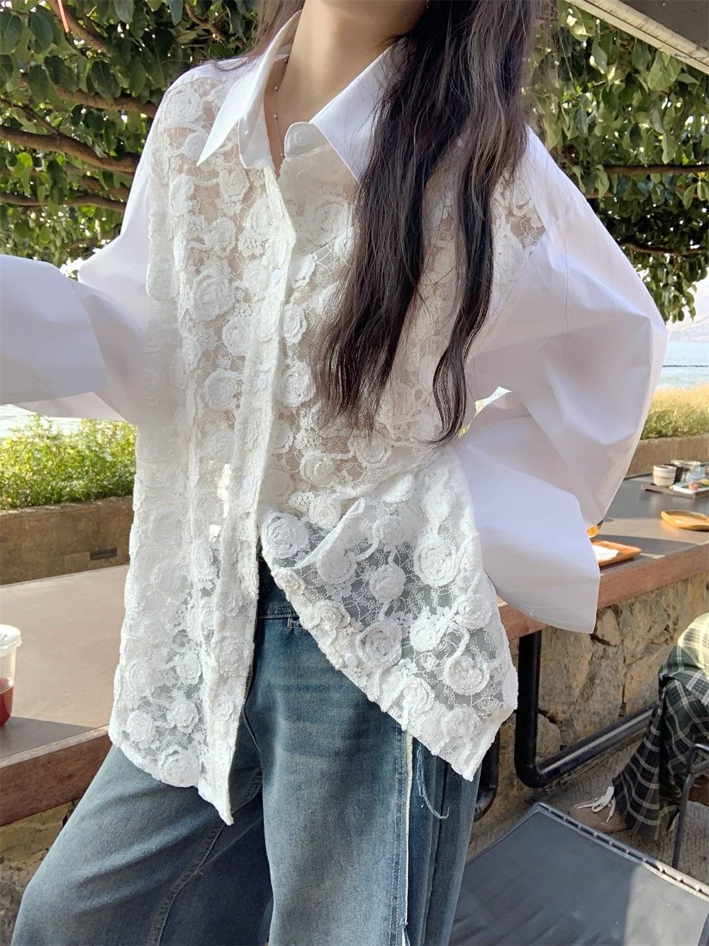 Loose sunscreen lace shirt on the beach vacation for women with thin summer hip cover chiffon shirt long sleeve top cardigan