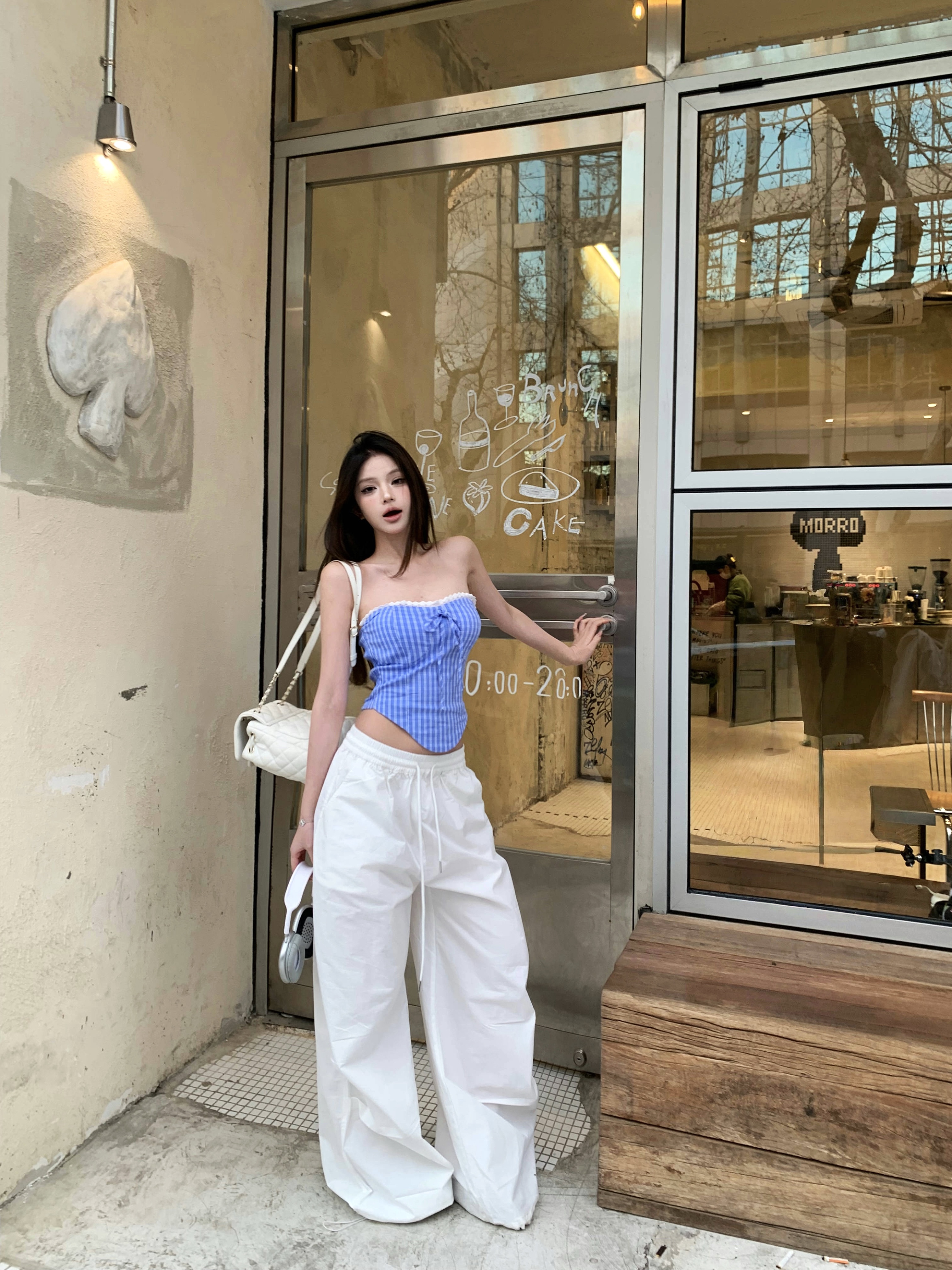 Real shot!  American retro hot girl strapless top for women loose wide-leg workwear sports casual pants two-piece set