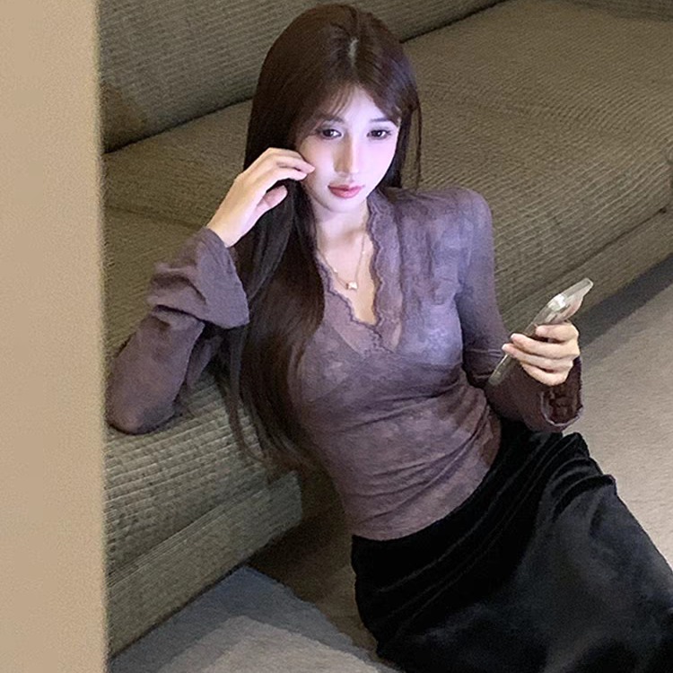 廣州面料性感v領蕾絲長袖t恤女秋冬純欲微胖修身顯瘦氣質內搭