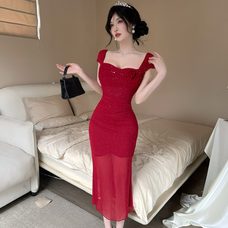 Celebrity temperament, flower pleated square collar short-sleeved dress, high-end small dress, long skirt