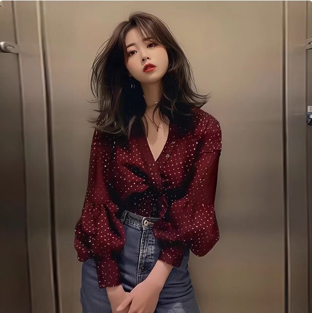 Burgundy Spring New Women's Polka Dot V-neck Puff Sleeve Long Sleeve Shirt Niche Top Chiffon Lace