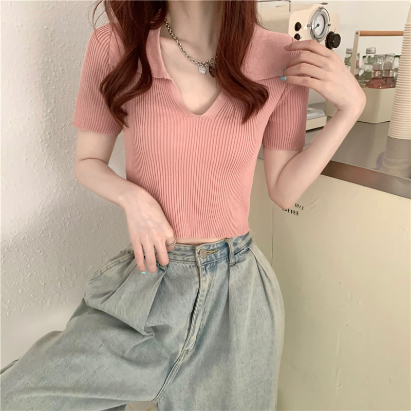 Real shot of new summer lapel short-sleeved V-neck sweater slimming short top for women