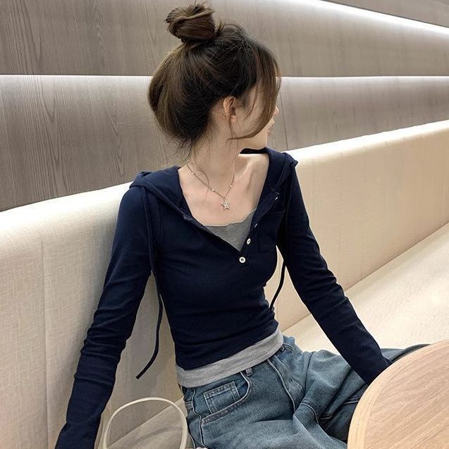 Official picture cotton 1x1 spring and autumn style fake two-piece hooded design slim long-sleeved T-shirt for women