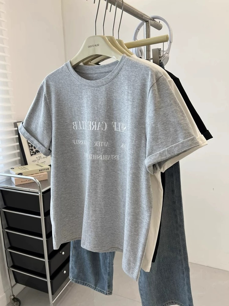 200g combed and tight spun in 2025, pure cotton back bag strip, spring and summer loose shoulder printed short-sleeved T-shirt