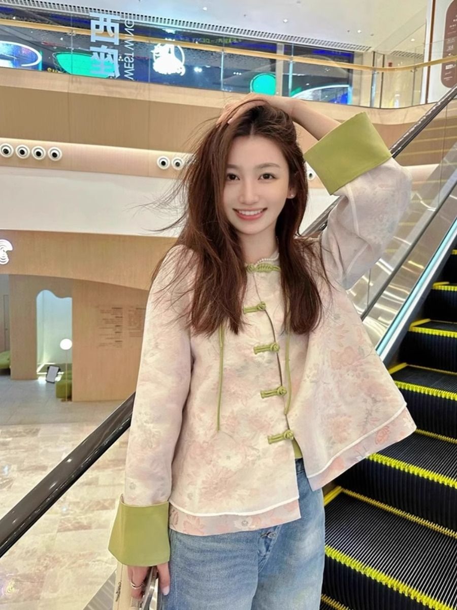 輕國風新中式撞色拼接盤扣外套女2025春秋新款溫柔氣質高級感上衣