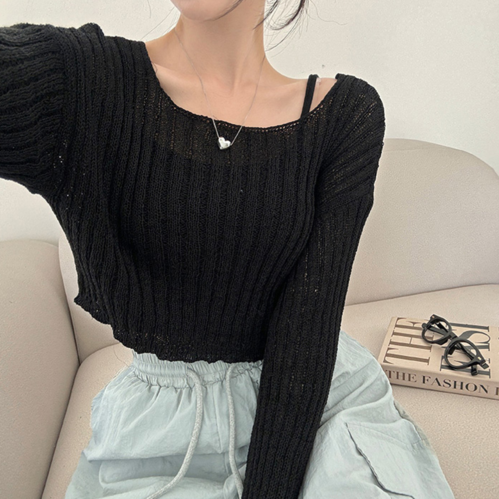 Large size real Korean version sweater, thin knitted sweater, pull-out, one-length neck short, slightly transparent sexy long-sleeved ice silk