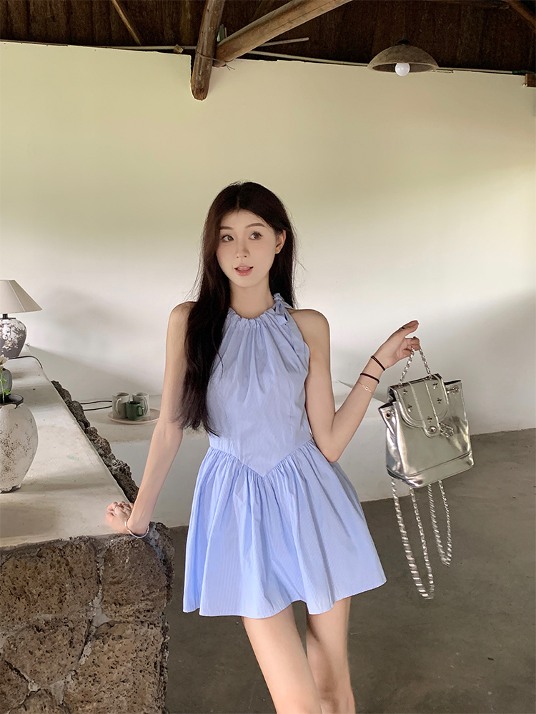 Real shot of Korean chic Xia Yuanqi girl playful simple striped dress