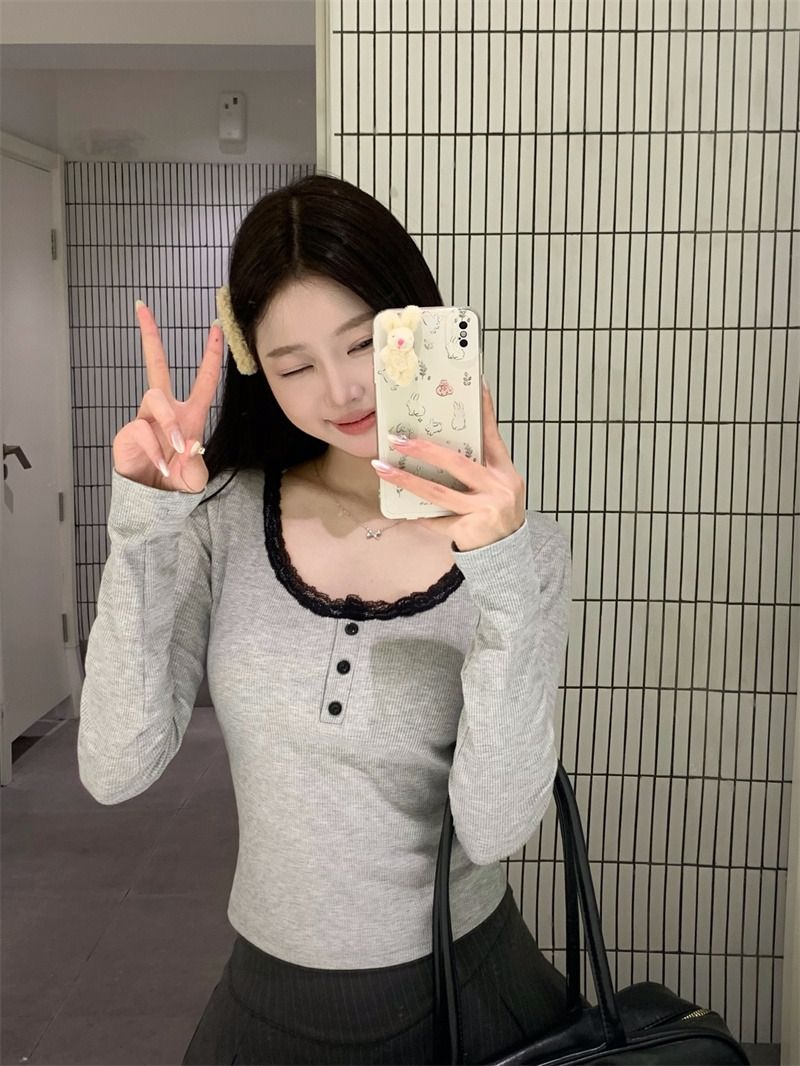 帶胸墊甜美露思~蕾絲針織打底衫冬季純欲修身內搭上衣帶胸墊
