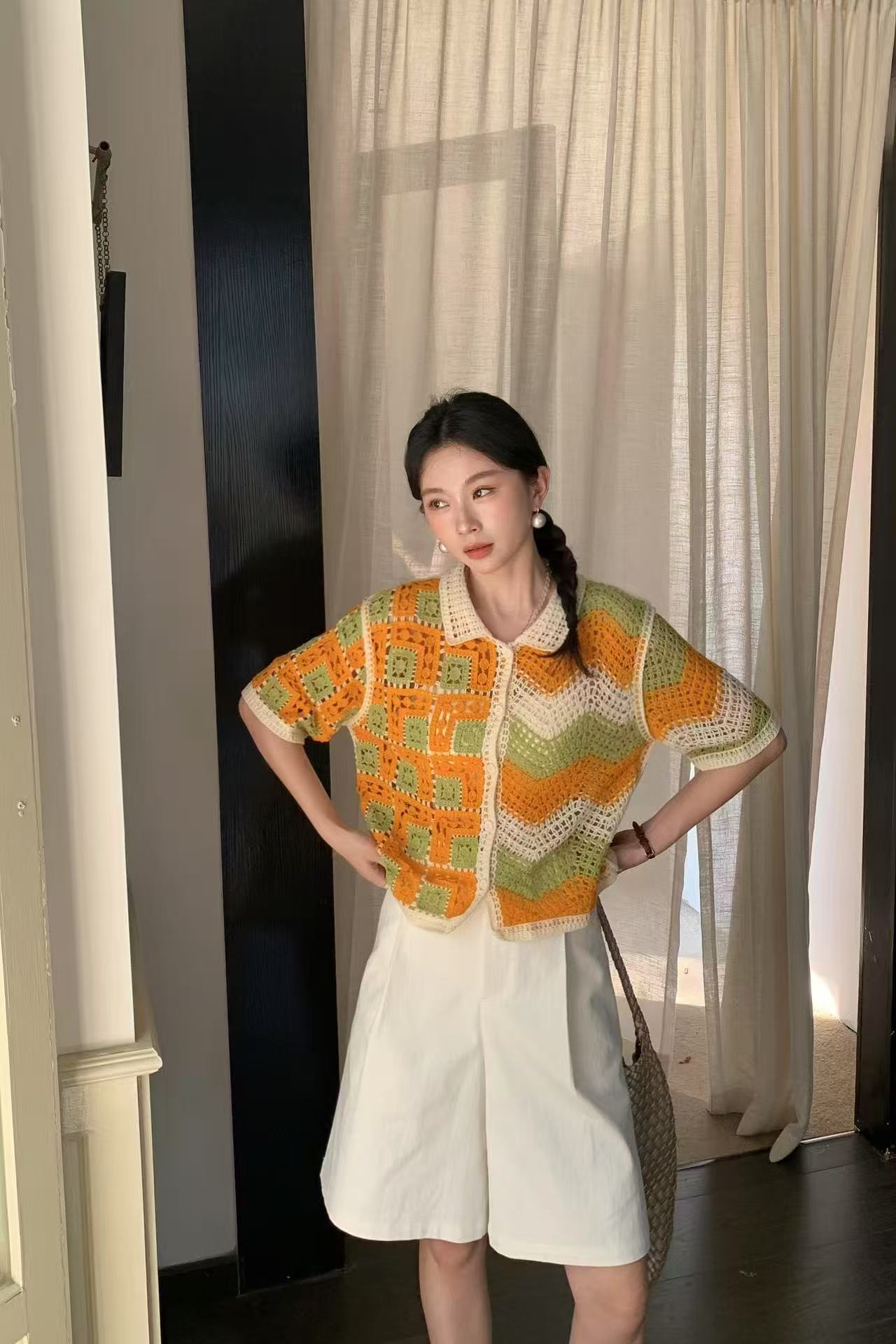 設計感小眾鏤空短袖襯衫女夏2025新款寬鬆短款復古小清新甜美上衣