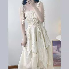 溫柔風公主長裙仙氣漂漂的仙女裙甜美吊帶不規則褶皺連衣裙女夏季