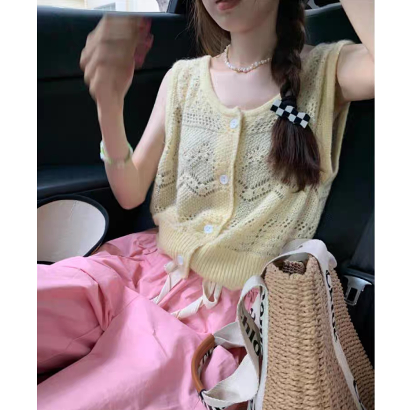 French hollow knitted cardigan vest women's early spring mohair sweater with short thin lazy top