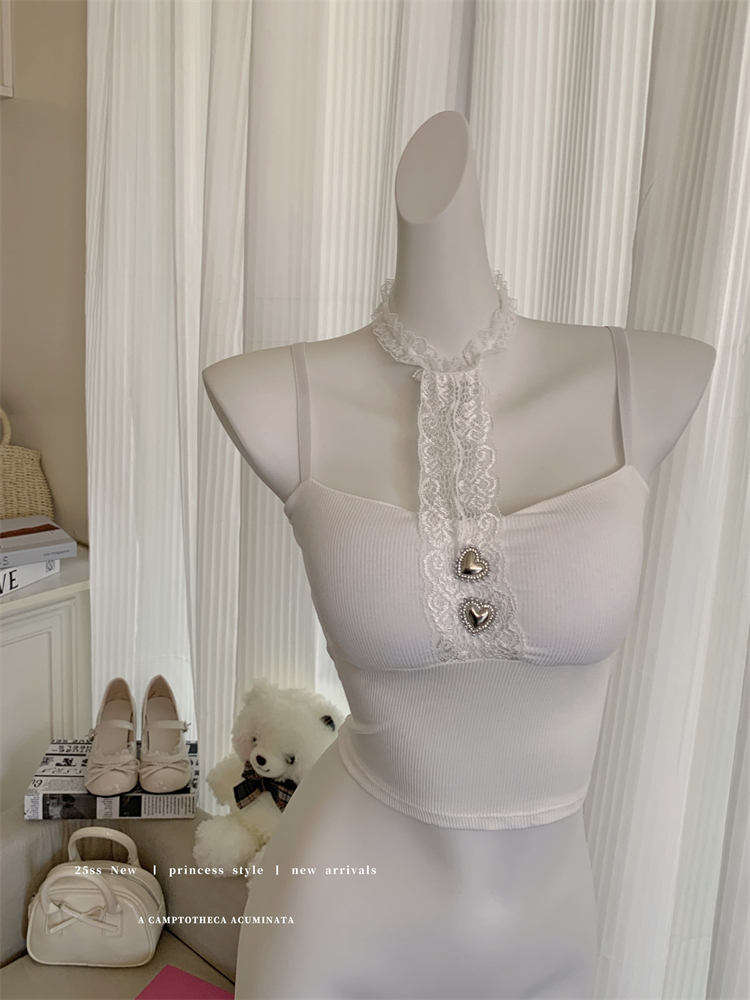 Real shot of 25 years new sexy lace halter neck vest sweet hot girl with breast pad short top