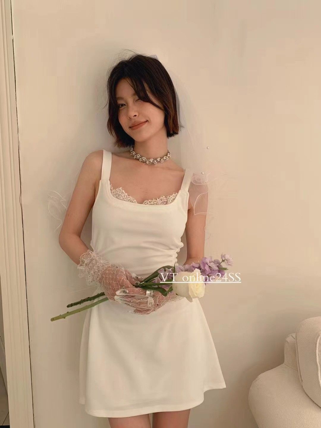 2025 lace sling suspender skirt for women in summer French style pleated waist-hugging and slimming A-line sleeveless short skirt
