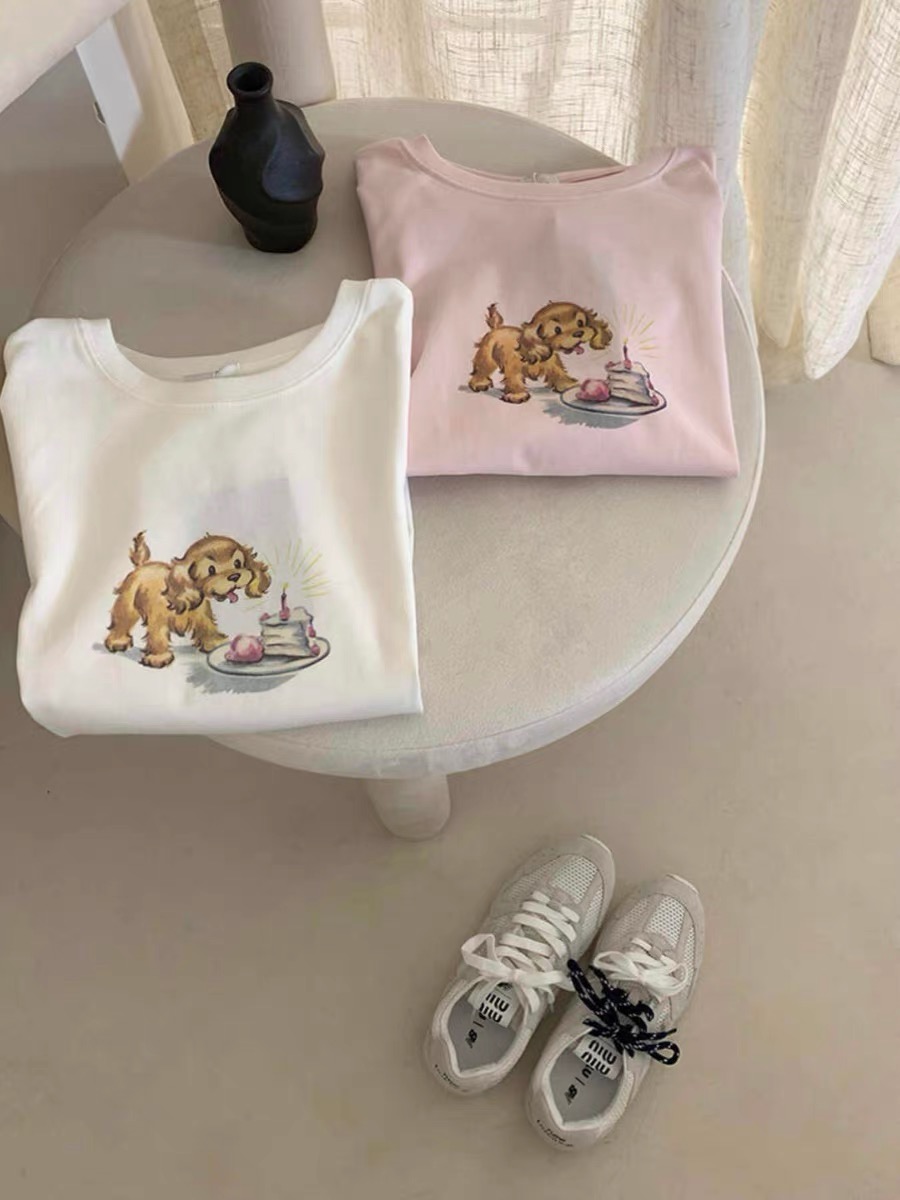 Printed front shoulder short-sleeved T-shirt for women in summer new niche American pure cotton slim T-shirt top