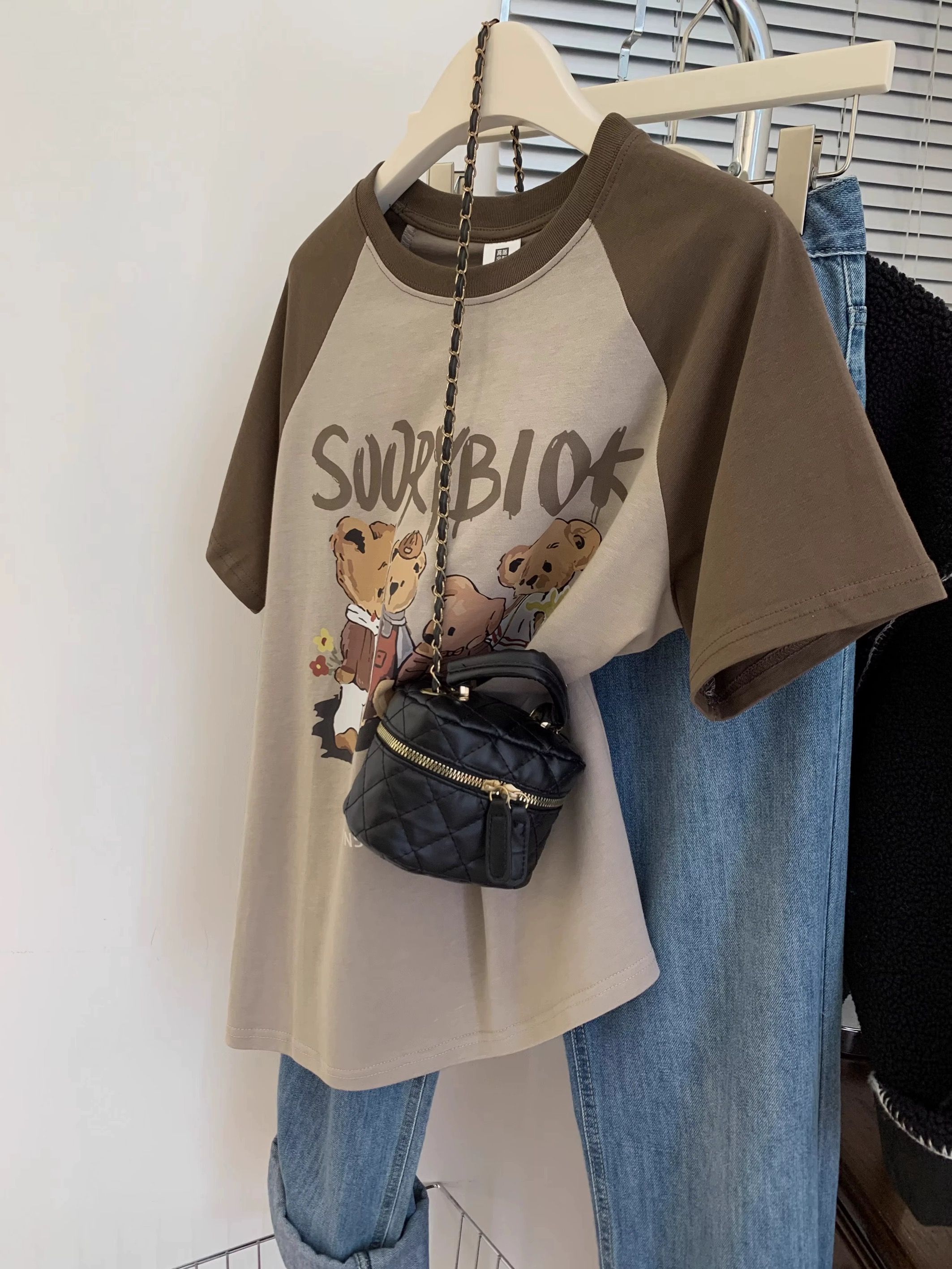 ~Large size women's pure cotton rag-shoulder bear T-shirt for women's summer new short-sleeved T-shirt top