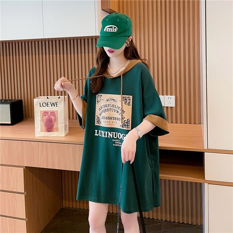 3016# quality/Huanding Spoken Pure Cotton/Rear Collar/Medium-length Hooded Spliced ​​Short Sleeve T-shirt for Women