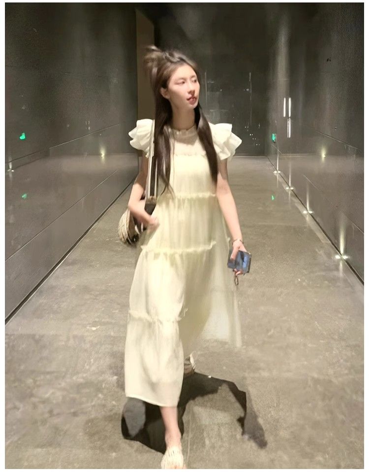 French retro long skirt for women in summer new loose slim design small flying sleeves milk apricot temperament dress for women