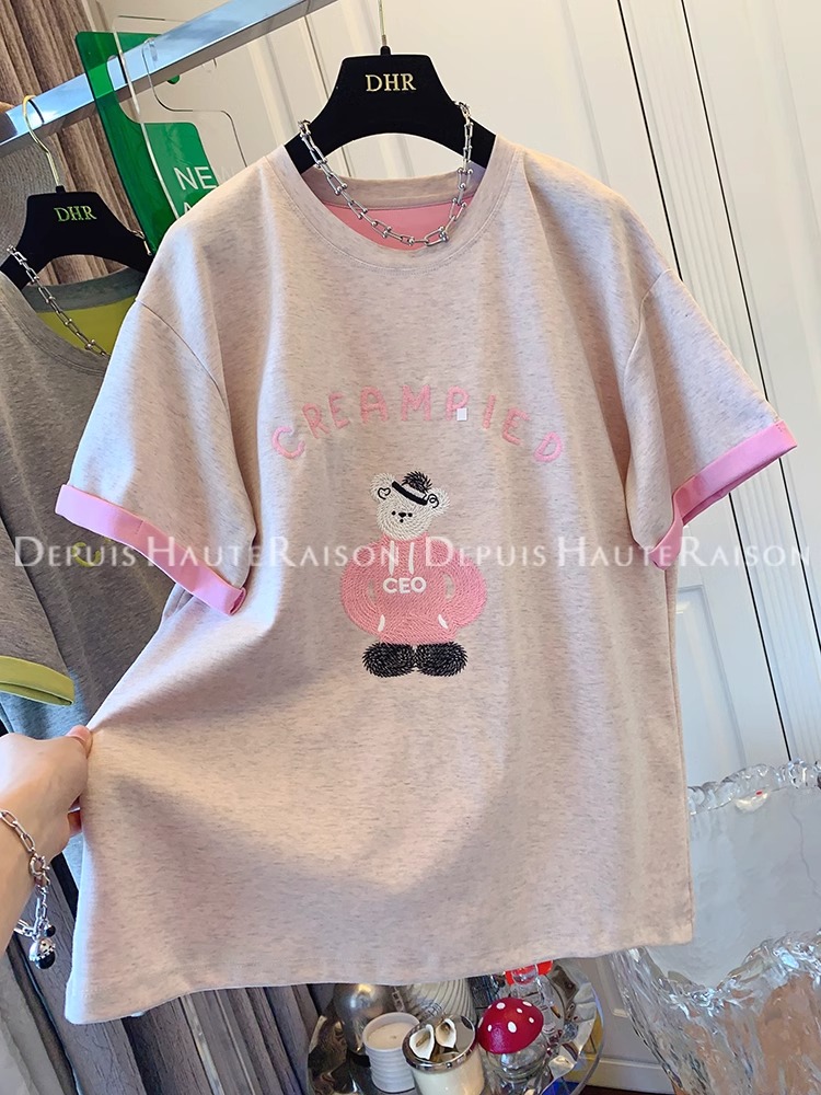 刺繡+原版面料特大碼240斤減齡刺繡小熊撞色短袖T恤女