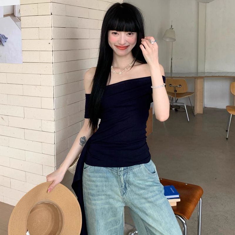 Colored cotton ribs pure hot girl streamer one-shoulder strapless T-shirt off-shoulder top