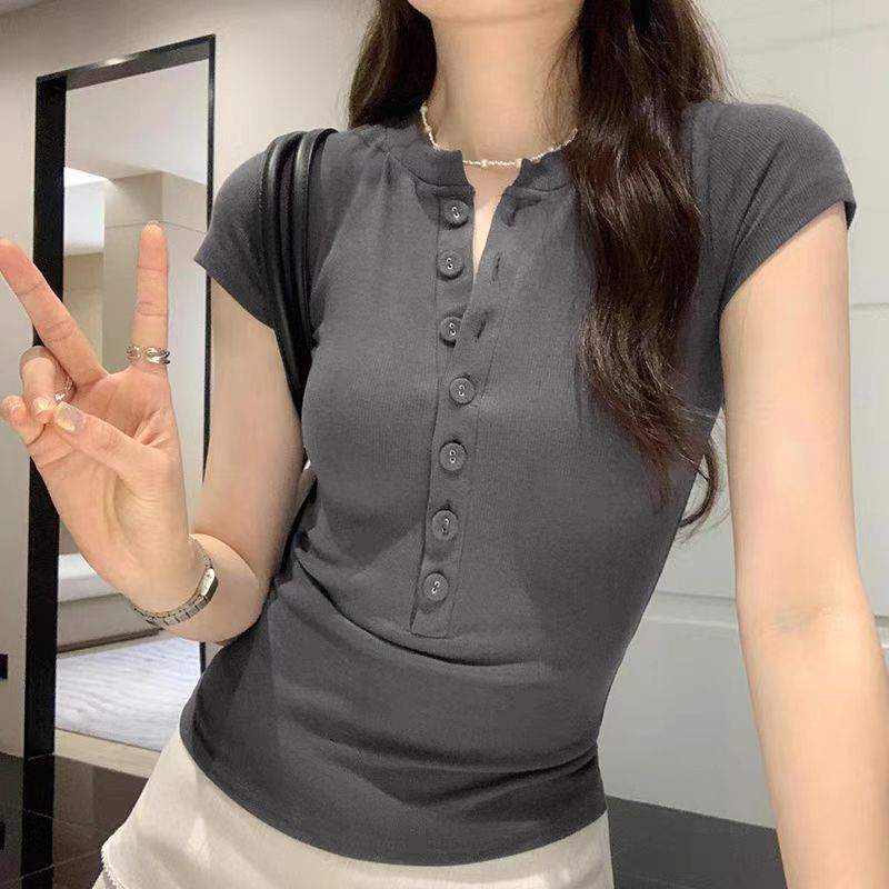 40支純棉螺紋美式辣妹正肩短袖t恤女2025新款夏季顯瘦遮肉上衣