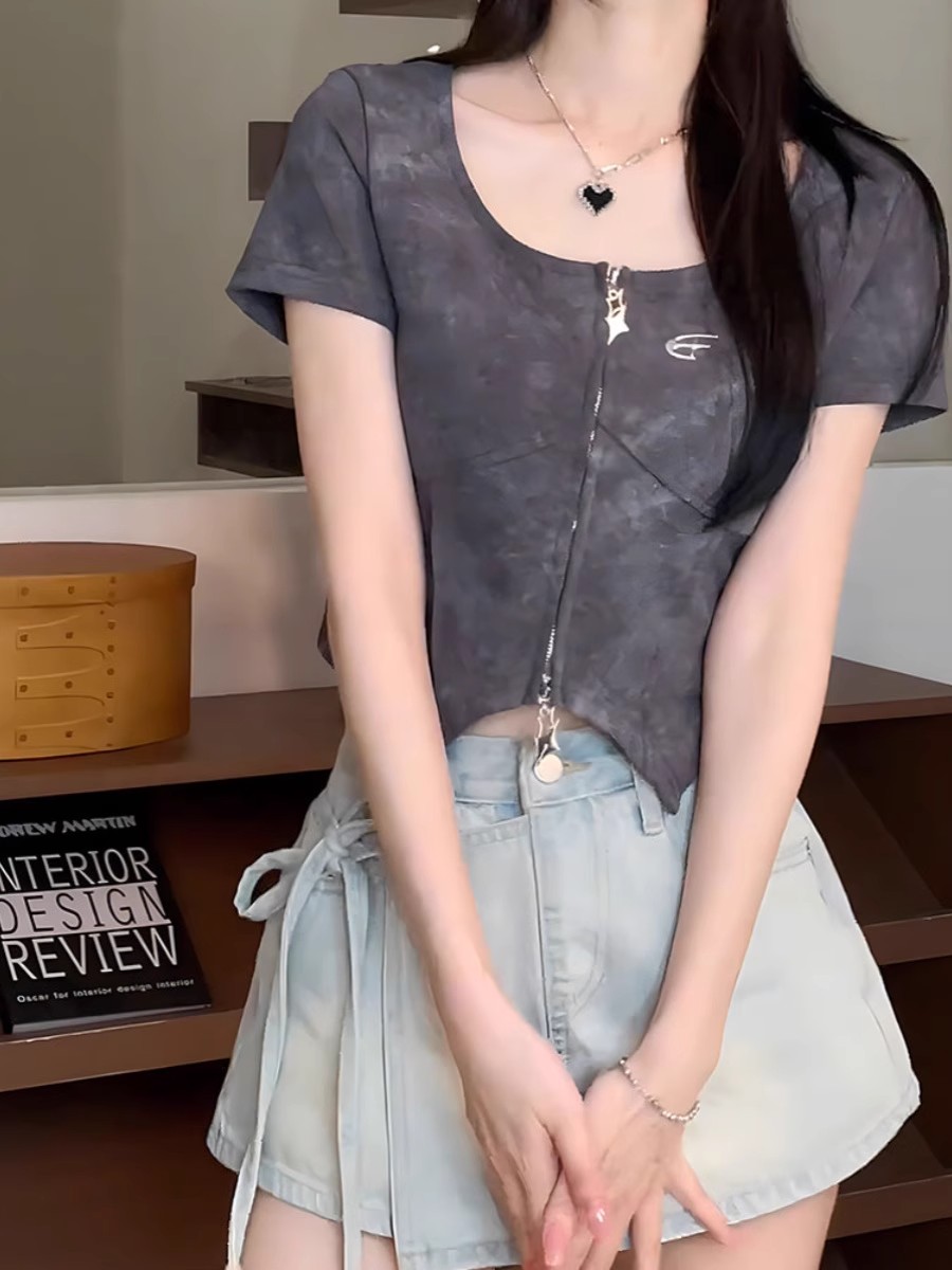 深灰色不規則修身拉鏈設計感短袖T恤女2025夏季新款氣質甜酷上衣
