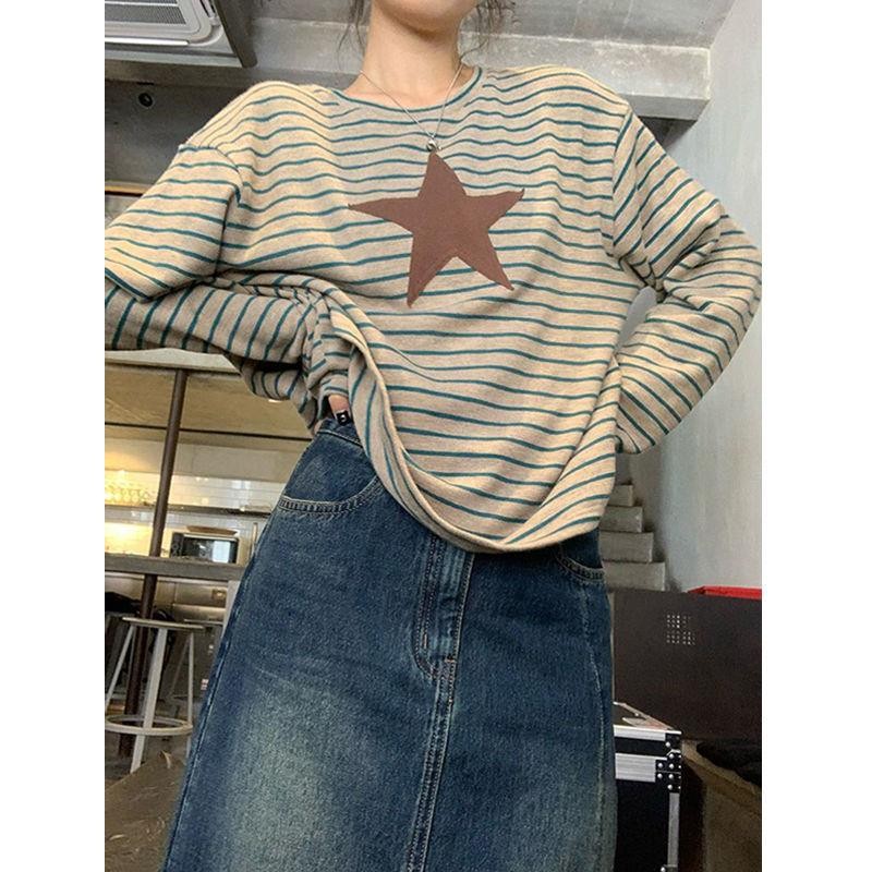 Retro striped long-sleeved T-shirt for women in spring design niche loose and versatile round neck inner base top ins trendy